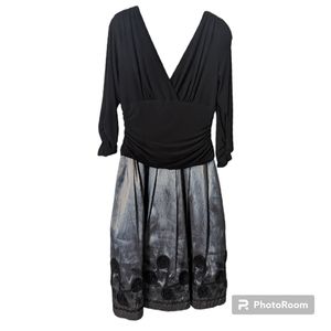 VTG SL Fashions Black Silver V-neck Fabric  Roses Formal Midi Dress Women's 12